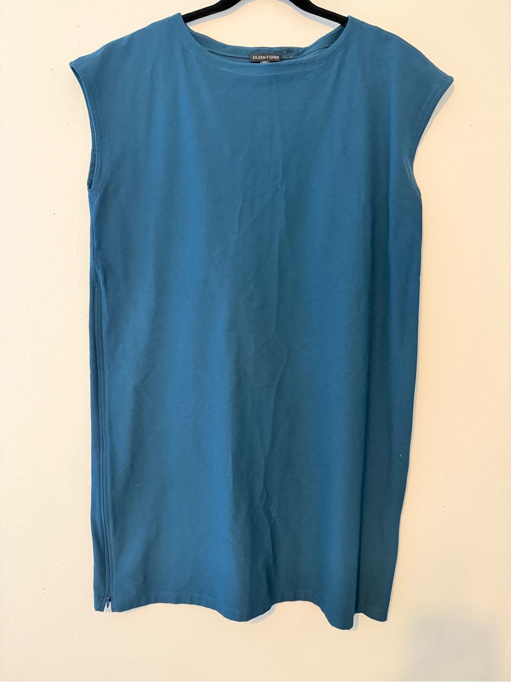 Eileen Fisher Teal Washable Crepe Boat Neck Side Zip Tunic Dress Womens Medium - Picture 3 of 6